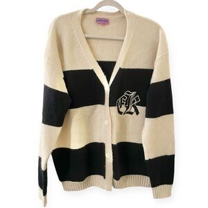 Edikted vintage button down long sleeve color block navy beige cardigan M/L 90s